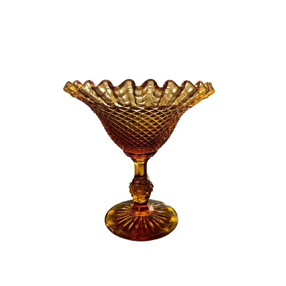 Vintage Amber Glass Ruffle Diamond Pattern Compote Stemmed Candy Dish